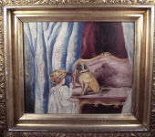Little Girl w/Pug Dog Oil on Board